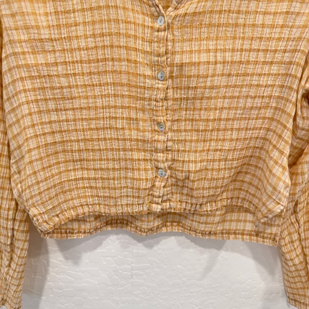 Paloma Wool Plaid Blouse Womens Tan Cream Textured Button Front Cotton Cropped - Picture 3 of 8